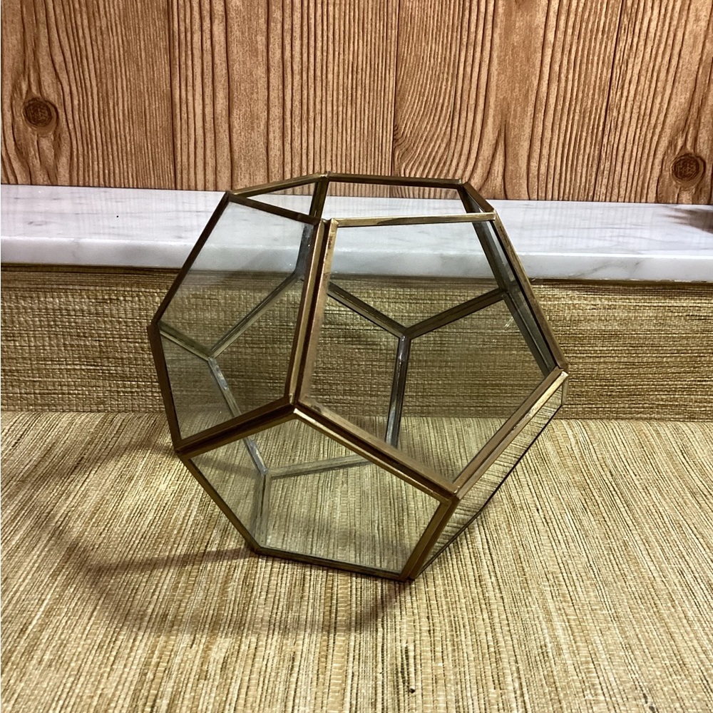 Vintage Geometric Glass Terrarium with Gold Accents 6.5”